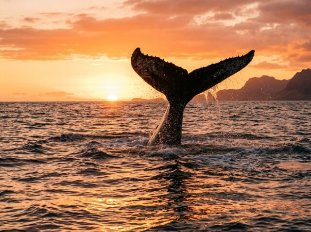 夕日に照らされた海で尾びれを上げるクジラ