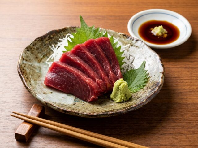 皿に盛り付けられたクジラの赤身の刺身とわさび醤油