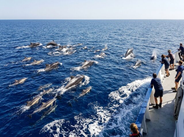 外洋で船のそばを群れで泳ぐハクジラの仲間たち