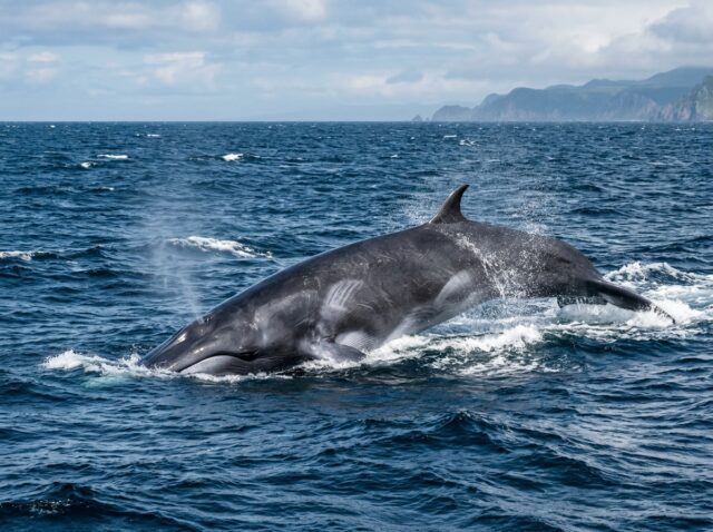 細長い体と大きな背びれが見えるナガスクジラ
